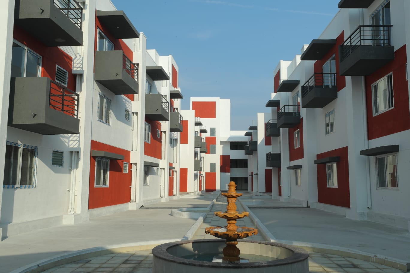 Apartment complex courtyard with fountain